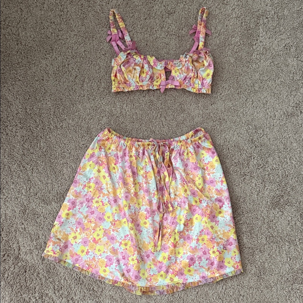 For Love And Lemons Floral Skirt in Pink and Yellow